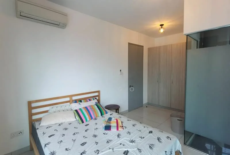 Bedroom features: queen-size bed, striped bedding, wooden bed frame, wall-mounted air conditioning unit, white painted walls, recessed ceiling light, built-in wardrobe with wood finish, tiled flooring, small side table, decorative throw, floor-to-ceiling window, curtains; style: modern.