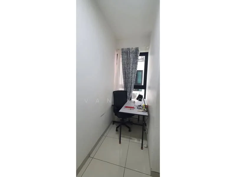 Study features: white painted walls, glossy tile flooring, desk with papers and stationery, black office chair, floor-to-ceiling window, sheer curtains.