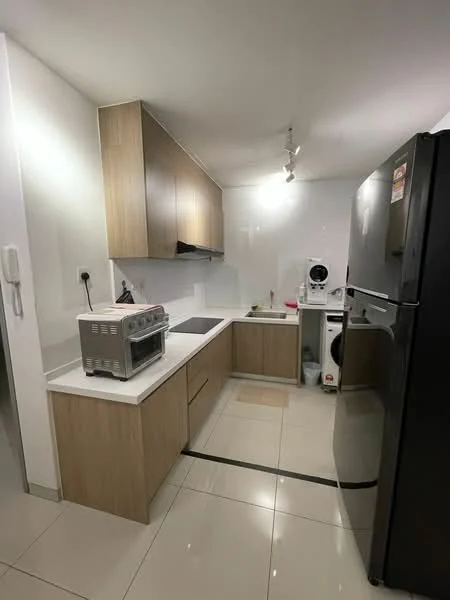Kitchen features: wood cabinetry, white countertop, stainless-steel sink, chrome pull-down faucet, built-in oven, microwave, stainless-steel fridge, toaster oven, washing machine, ceramic tile flooring, recessed downlights, wall-mounted cabinets, open shelving, ventilation hood; style: modern.