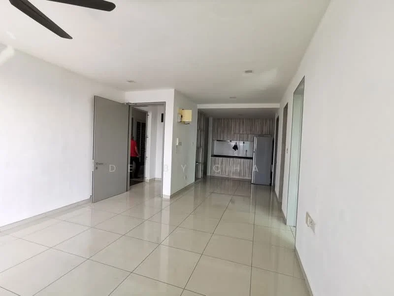 Room features: white painted walls, glossy ceramic tile flooring, ceiling fan, recessed downlights, open layout, kitchen area visible, stainless-steel fridge, wood cabinetry, doorway leading to another room; style: modern.