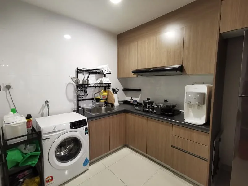 Kitchen features: wood cabinetry, black countertop, stainless-steel range hood, built-in stove, single-bowl stainless-steel sink, chrome pull-down faucet, white washing machine, water dispenser, open shelving, tile backsplash, ceramic tile flooring, recessed downlights; style: modern.