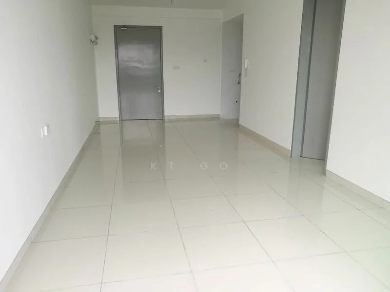Room features: white painted walls, glossy ceramic tile flooring, single grey door, double grey door, no visible windows, minimalist design, neutral color palette, open layout; style: modern.