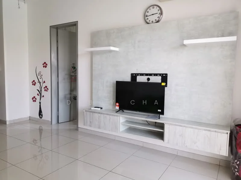 Living features: white painted walls, grey accent wall, glossy ceramic tile flooring, wall-mounted TV, TV console with storage, clock on wall, decorative wall art with flowers, shelves on wall; style: modern.
