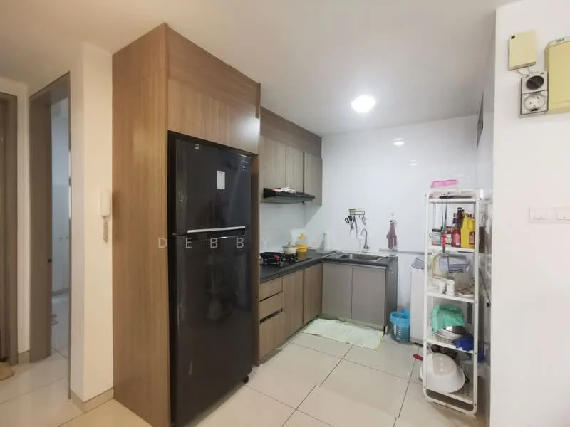 Kitchen features: dark wood cabinetry, stainless-steel sink, chrome pull-down faucet, black refrigerator, built-in oven, ceramic tile flooring, white tiled backsplash, countertop with space for appliances, open shelving, wall-mounted light fixture, kitchen utensils and containers visible; style: modern.