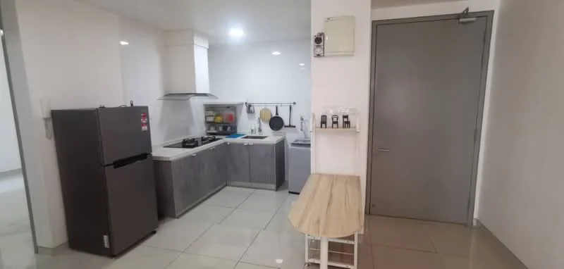 Kitchen features: grey cabinetry, white countertop, stainless-steel sink, chrome pull-down faucet, built-in gas stove, exhaust hood, refrigerator, washing machine, tile flooring, wall-mounted storage rack, open shelving, light fixtures, neutral painted walls; style: modern.