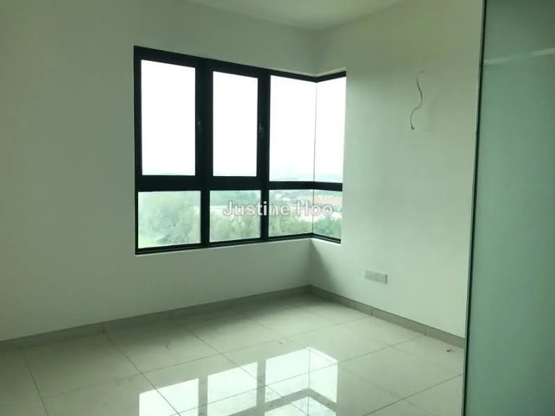 Room features: white painted walls, glossy tile flooring, floor-to-ceiling windows, corner window design, no visible furniture, minimalist design, natural light, view of greenery; style: modern; view: garden.