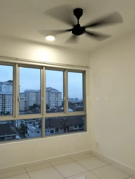 Room features: white painted walls, tile flooring, 5-blade ceiling fan, floor-to-ceiling windows, city view; style: modern; view: city.