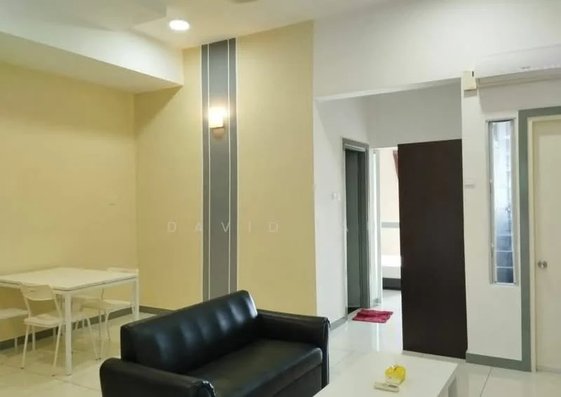 Living features: black leather sofa, white coffee table, white walls, cream painted accent wall, recessed downlights, tile flooring, dining table with four chairs, doorway leading to another room, window with natural light; style: modern.