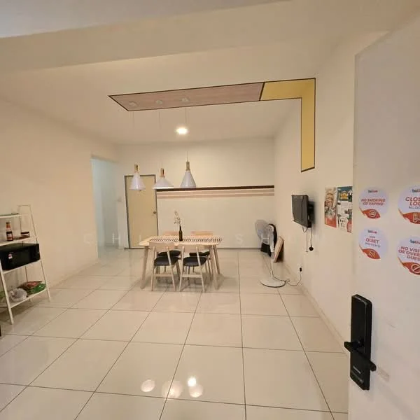 Dining features: white painted walls, tile flooring, dining table for 4, 3 pendant lights, wall-mounted TV, ceiling lights, fan, open layout, decorative ceiling design; style: modern.