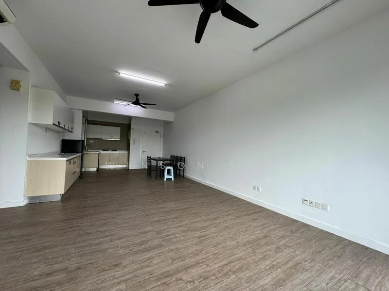 Living features: laminate flooring, white painted walls, 5-blade ceiling fan, dining table with chairs, open layout, kitchenette area, large windows, neutral color scheme; style: modern.