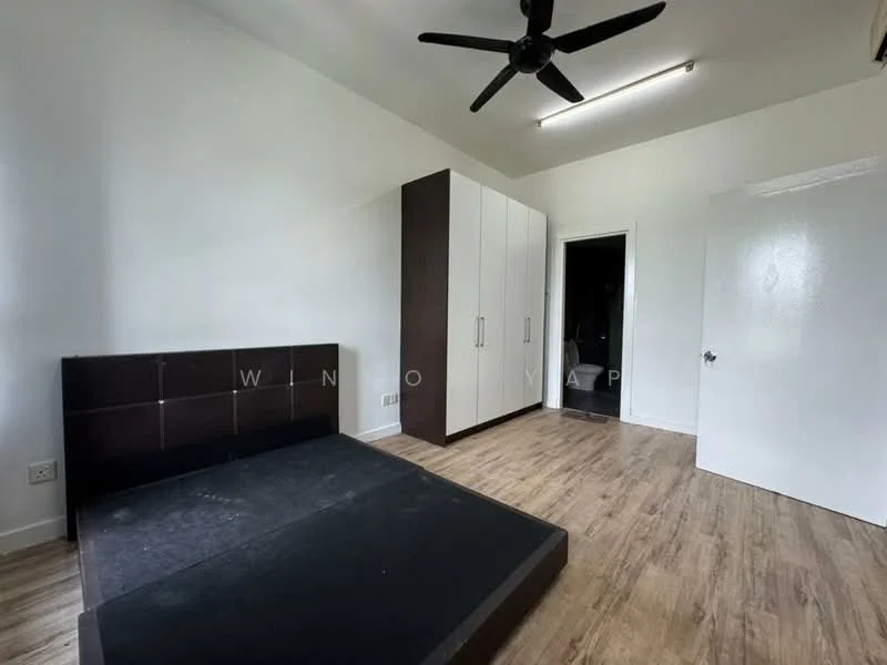 Bedroom features: wooden flooring, white painted walls, ceiling fan, built-in wardrobe with sliding doors, black bed frame without mattress, door leading to bathroom, natural light from window, minimalist decor; style: modern.