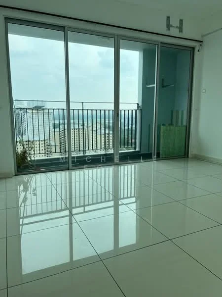 Room features: large sliding glass door, floor-to-ceiling windows, white walls, glossy tile flooring, balcony with railing, city view, natural light, minimalist decor; style: modern; view: city.