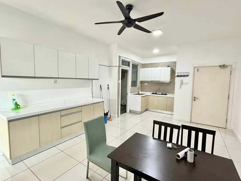 Kitchen features: white cabinetry with flat-panel design, light wood cabinetry, white countertop, stainless-steel sink, chrome pull-down faucet, built-in oven, 4-burner gas hob, ceramic tile flooring, recessed LED downlights, ceiling fan, open layout, dining table with black finish, green upholstered chair; style: modern. Room features: white walls, large windows, door to laundry area.
