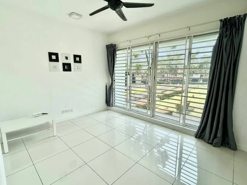 Living features: white painted walls, glossy white tile flooring, 5-blade ceiling fan, floor-to-ceiling windows, sliding glass door, blackout curtains, decorative wall art, natural light from windows; style: modern; view: garden.