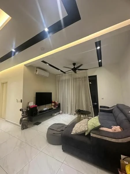 Living features: L-shape sectional sofa in dark grey, coffee table, wall-mounted TV, TV console, 5-blade ceiling fan with light, recessed downlights, white painted walls, marble tile flooring, floor-to-ceiling sheer curtains, decorative cushions, decorative wall paneling; style: modern.