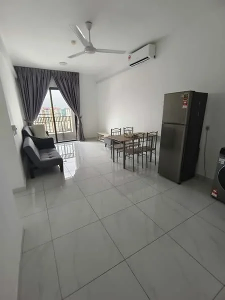 Living features: white painted walls, glossy ceramic tile flooring, 5-blade ceiling fan with light, floor-to-ceiling window, grey curtains, sofa in dark fabric, dining table with 6 chairs, stainless-steel fridge, washing machine, air conditioning unit; style: modern; view: city.