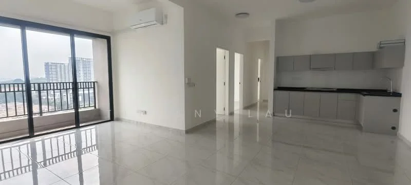 Living features: large floor-to-ceiling windows, sliding glass door, white painted walls, marble tile flooring, wall-mounted split AC, recessed downlights, open layout to kitchen, balcony access, city view, neutral color cabinetry, black countertop, stainless-steel sink, built-in kitchen appliances; style: modern; view: city. Kitchen features: neutral color cabinetry, black countertop, stainless-steel sink, built-in kitchen appliances, open layout to living area; style: modern.