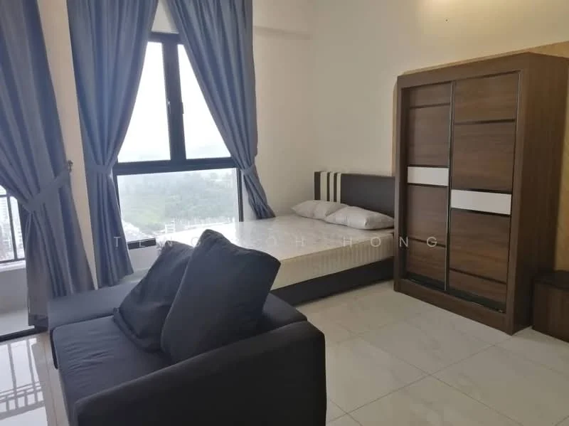Bedroom features: queen-size bed, upholstered headboard, wooden wardrobe with sliding doors, floor-to-ceiling window, grey curtains, white walls, marble tile flooring, sofa, decorative cushions; style: modern; view: city.
