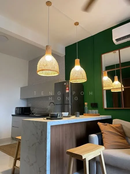 Kitchen features: green accent wall, grey patterned backsplash, marble countertop, wood cabinetry, stainless-steel fridge, built-in microwave, freestanding range oven, 3 pendant lights, bar seating with wooden stools, open shelving, ceiling fan; style: modern.