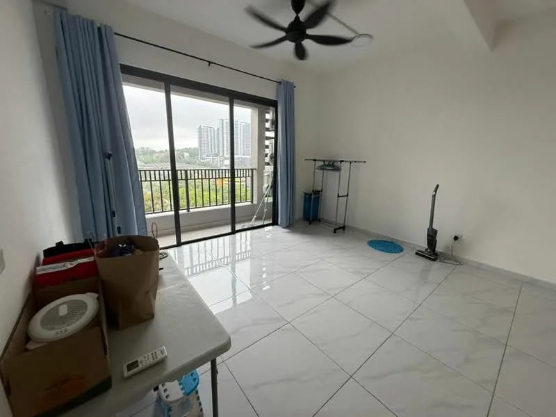 Room features: white painted walls, glossy white tile flooring, floor-to-ceiling sliding glass door, blue sheer curtains, ceiling fan, vacuum cleaner, clothes rack, round blue mat, box with items, remote control, air purifier; style: modern; view: city.