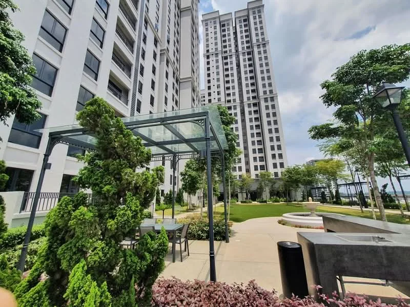Exterior type: high-rise condominium; features: glass pavilion, manicured lawn, landscaped garden, paved walkway, outdoor seating area, trees and shrubs, water feature, modern architecture, surrounding greenery, parking area, lighting fixtures; style: modern.
