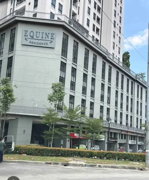 Exterior type: high-rise condominium; features: grey painted facade, glass windows, recessed balconies, signage with 'EQUINE RESIDENCE', landscaped garden with shrubs, manicured lawn, multiple storeys, entrance with awning; style: modern.