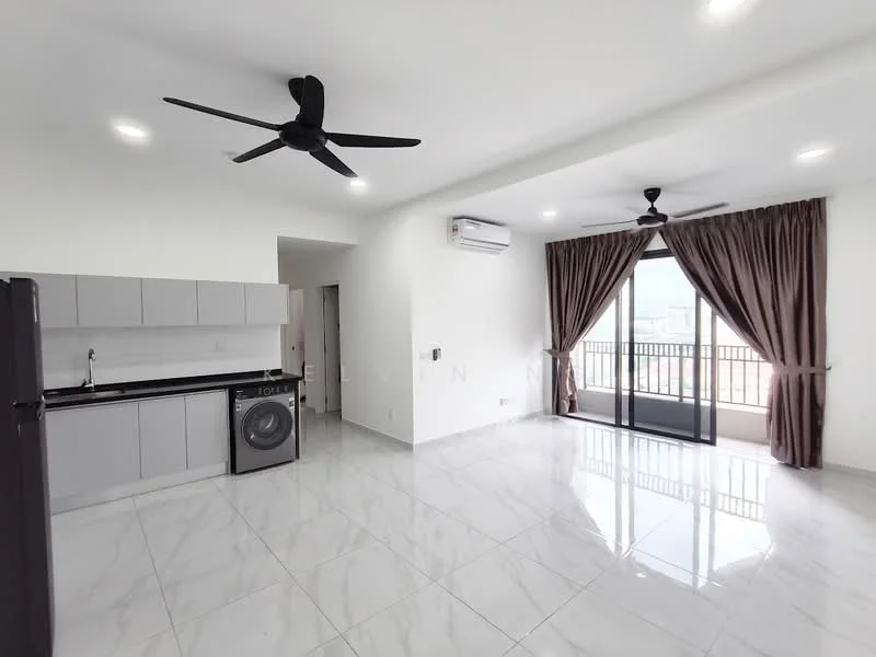 Living features: grey cabinetry, black countertop, stainless-steel fridge, front-load washing machine, marble tile flooring, 5-blade ceiling fan with light, recessed downlights, floor-to-ceiling sliding glass door, curtains, air conditioning unit; style: modern; view: city.