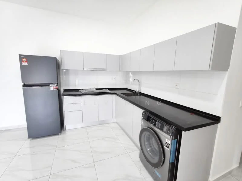 Kitchen features: grey flat-panel cabinets, black granite countertop, stainless-steel sink, chrome pull-down faucet, built-in oven, freestanding refrigerator in grey, front-load washing machine, white tiled backsplash, marble tile flooring, recessed downlights, open shelving; style: modern.