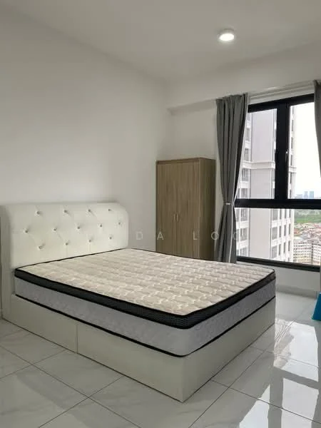 Bedroom features: queen-size bed with upholstered headboard, mattress on bed frame, white painted walls, glossy white tile flooring, floor-to-ceiling window, grey curtains, wooden wardrobe, recessed ceiling lights; style: modern; view: city.