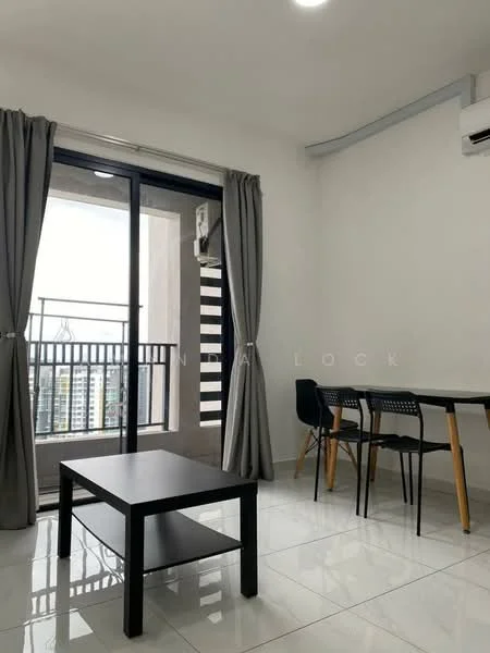 Living features: white painted walls, glossy white tile flooring, floor-to-ceiling windows, black coffee table, 4-seater dining table, black dining chairs, curtains, wall-mounted split AC; style: modern; view: city.
