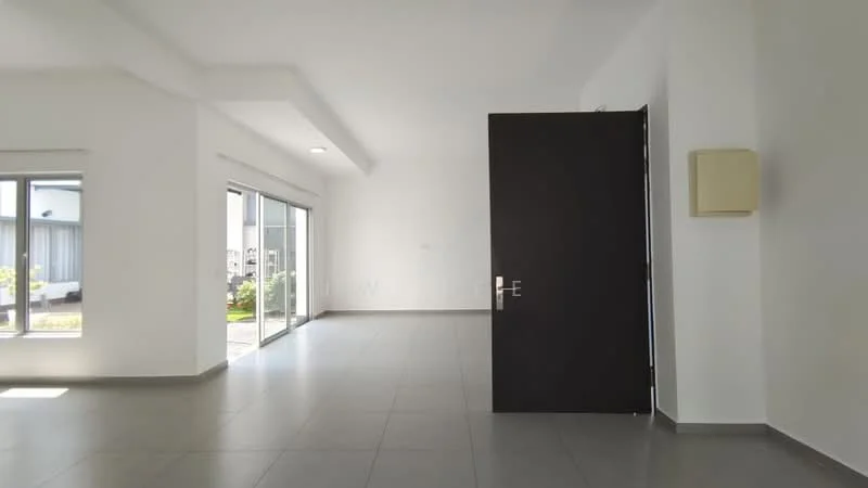 Room features: white painted walls, grey tile flooring, large sliding glass door, floor-to-ceiling windows, recessed downlights, modern door with handle, built-in wall-mounted light fixture; style: modern; view: garden.