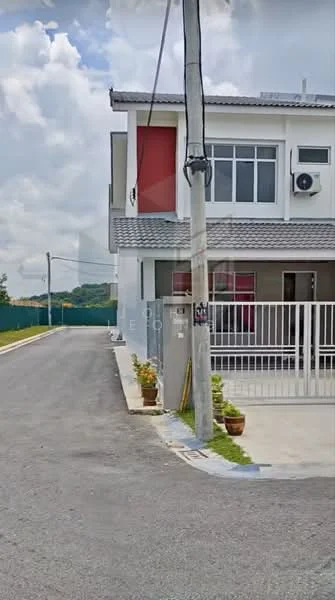 Exterior type: semi-detached house; features: two-storey structure, white painted facade, grey tiled roof, front porch area, fenced front yard, potted plants at entrance, visible air conditioning unit, driveway, street view, surrounded by greenery; style: modern.