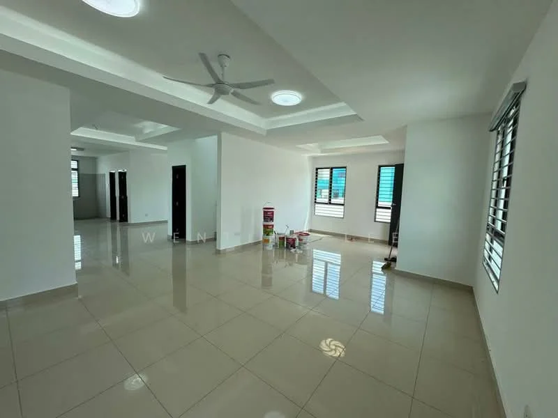 Living features: white painted walls, glossy ceramic tile flooring, tray ceiling with recessed lighting, 5-blade ceiling fan, floor-to-ceiling windows, window treatments with horizontal slats, neutral color scheme, open layout, multiple light fixtures, no visible furniture; style: modern.