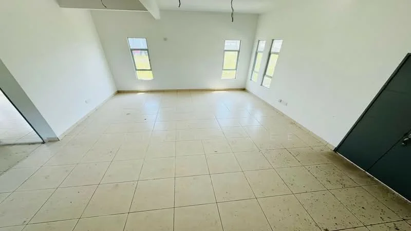 Room features: white painted walls, tile flooring, multiple windows, natural light, high ceiling, door, no visible furniture, clean and empty space; style: minimalist.