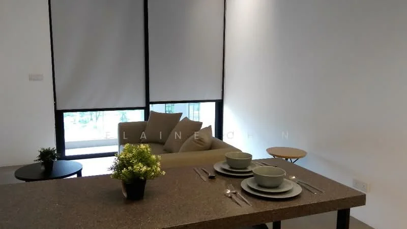 Living features: light grey sofa, round side table, dining table with granite top, two grey bowls, two silver forks, two silver knives, green plant in pot, large windows with roller blinds, concrete flooring, white painted walls; style: modern; view: city.