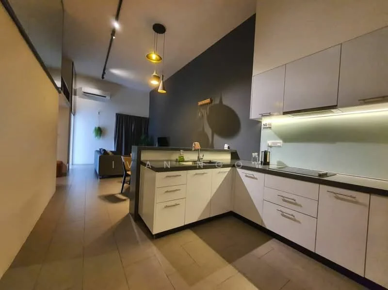 Kitchen features: white cabinetry with flat-panel doors, black countertop, stainless-steel sink, chrome pull-down faucet, built-in stove, recessed LED downlights, pendant lights, tile flooring, grey accent wall, open layout to living area; style: modern. Living features: sofa, curtains, air conditioning unit, coffee table, floor-to-ceiling windows; style: modern.