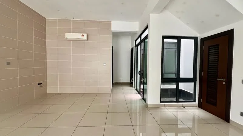 Living features: cream tiled flooring, white painted walls, exposed brick accent wall, 1 wall-mounted split AC, floor-to-ceiling windows, black framed sliding door, natural light from windows, high ceiling; style: modern. Room features: cream tiled flooring, white painted walls, high ceiling.