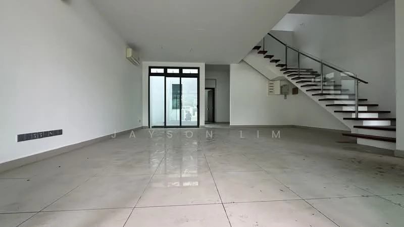 Living features: polished concrete flooring, white painted walls, exposed staircase with wooden treads, floor-to-ceiling windows, sliding glass door, 1 wall-mounted split AC, recessed downlights, open layout, high ceiling; style: modern.