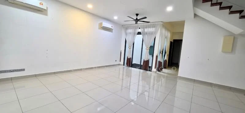 Living features: white painted walls, glossy ceramic tile flooring, 5-blade ceiling fan with light, floor-to-ceiling sliding glass door, sheer curtains, wall-mounted split AC, recessed downlights, staircase in background; style: modern.