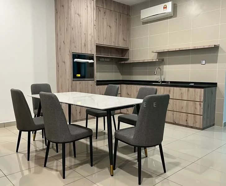 Kitchen features: black granite countertop, wood cabinetry with light wood finish, built-in oven, stainless-steel sink, chrome pull-down faucet, wall-mounted split AC, tile backsplash, ceramic tile flooring, 6-seater dining table with white top, grey upholstered dining chairs with black legs; style: modern.