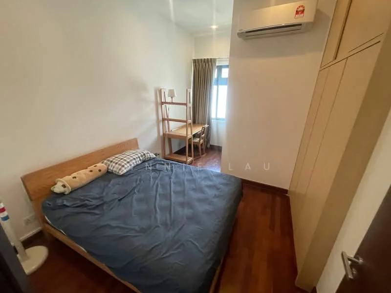 Bedroom features: queen-size bed with blue bedding, wooden bed frame, study desk with wooden finish, chair, floor-to-ceiling window, curtains, wall-mounted split AC, wooden flooring, built-in wardrobe with sliding doors, decorative wall art; style: modern.