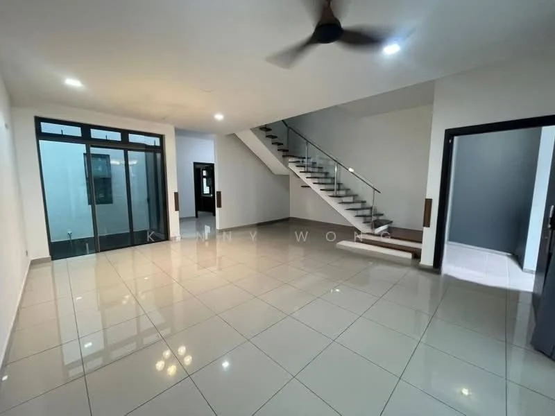 Living features: large floor-to-ceiling windows, white painted walls, polished ceramic tile flooring, ceiling fan, staircase with wooden steps and glass railing, open layout, neutral color scheme, recessed lighting; style: modern.