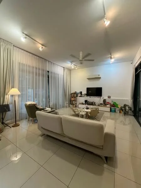 Living features: 3-seater fabric sofa in beige, glass coffee table, floor-to-ceiling windows, sheer curtains, 5-blade ceiling fan with light, wall-mounted TV, white painted walls, polished tile flooring, recessed downlights, decorative floor lamp, open shelving, decorative items on shelves; style: modern.