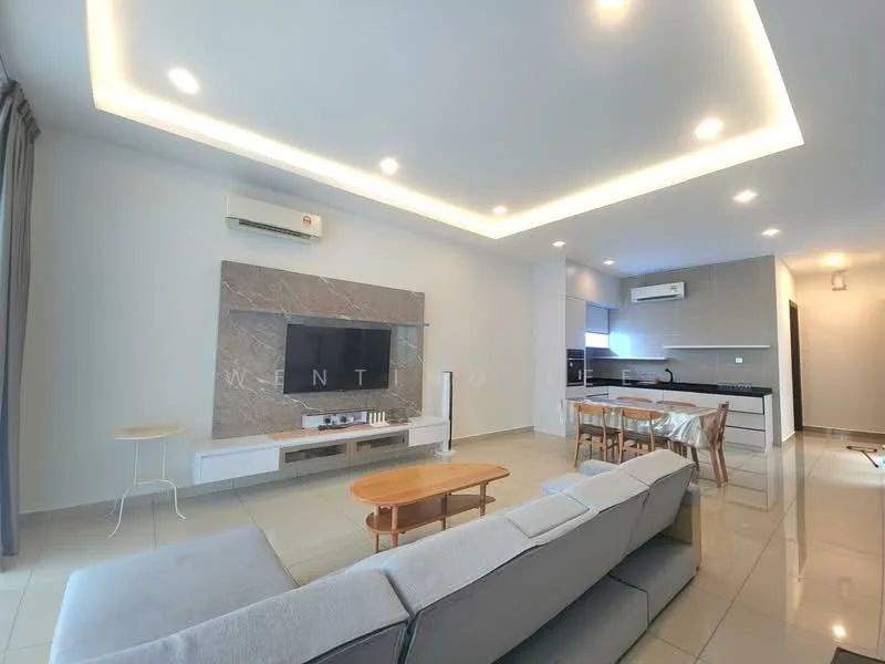 Living features: grey fabric sofa, wood coffee table, wall-mounted TV, white TV console, marble feature wall, recessed downlights, air conditioning unit, neutral painted walls, large windows with curtains, open-plan layout to kitchen, tile flooring; style: modern. Kitchen features: white cabinetry, stainless-steel appliances, built-in oven, 4-burner gas hob, black countertop, tile backsplash, open layout to living area; style: modern.