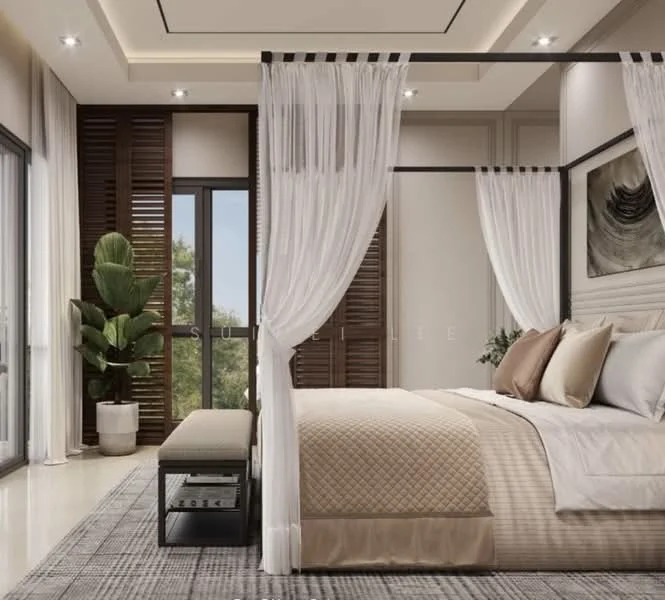 Bedroom features: king-size bed with beige bedding, upholstered headboard, canopy bed frame, bedside tables with lamps, bench at foot of bed, large windows with sheer curtains, wooden shutters, decorative wall art, indoor plant in ceramic pot, plush area rug, recessed ceiling lights, tray ceiling; style: modern; view: garden.