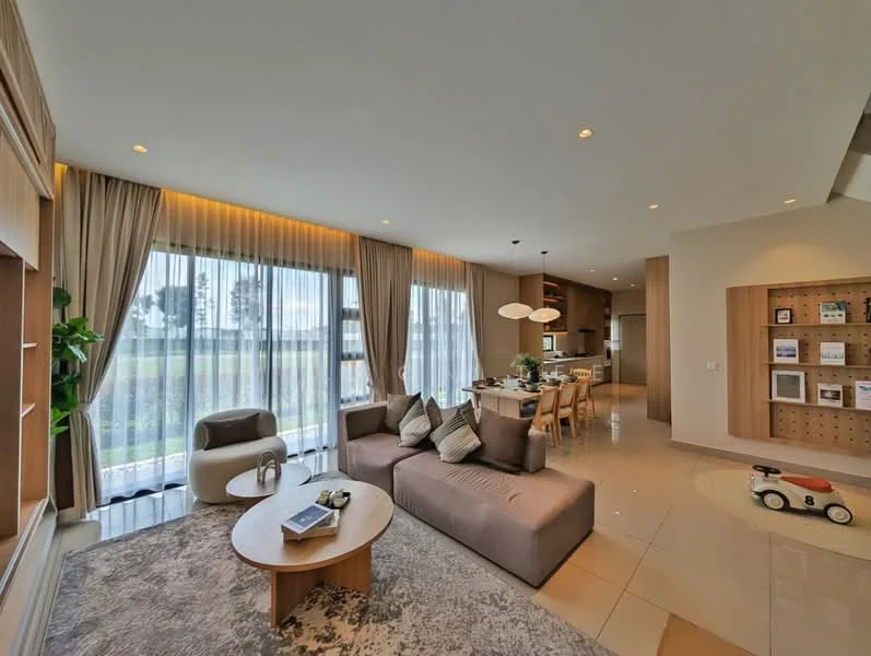 Living features: large floor-to-ceiling windows, sheer curtains, beige fabric sectional sofa, decorative cushions, round coffee table, area rug with geometric pattern, built-in shelving unit, wall-mounted artwork, recessed downlights, plant in ceramic pot, open layout to dining area, neutral wall color, glossy tile flooring; style: modern; view: garden. Dining features: dining table for six, upholstered dining chairs, pendant lighting above table, open layout to living area, neutral color scheme; style: modern; view: garden.