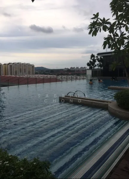 Exterior type: swimming pool deck; features: infinity pool, pool deck with loungers, glass railing, landscaped greenery, city skyline view, water feature, tiled pool edge; style: modern.