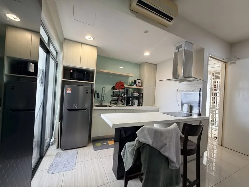 Kitchen features: white cabinetry, grey countertop, stainless-steel fridge, built-in oven, 4-burner gas hob, stainless-steel range hood, single-bowl stainless-steel sink, chrome pull-down faucet, tile flooring, recessed downlights, floor-to-ceiling windows, open shelving, bar seating with stools; style: modern; view: garden.