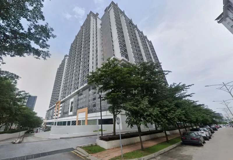 Exterior type: high-rise condominium; features: glass curtain wall, white painted facade, recessed balconies, landscaped garden area, manicured lawn, surrounded by trees, multiple storeys, driveway with interlocking pavers; style: modern.