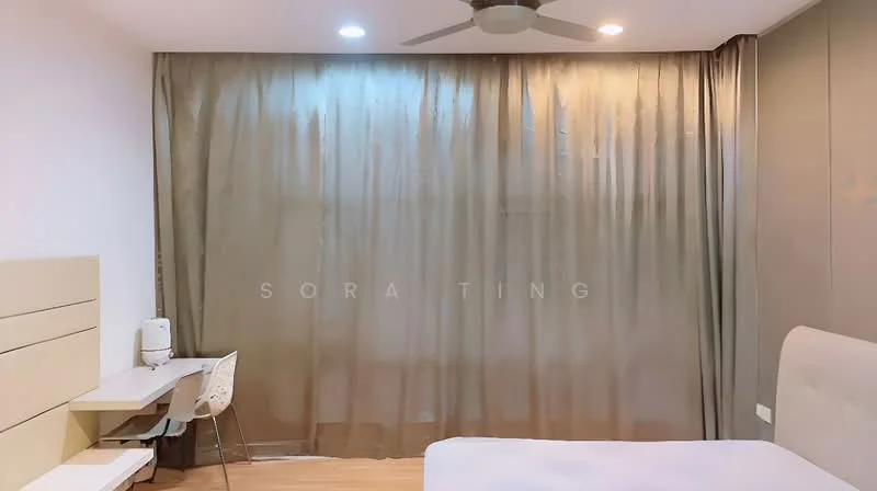 Room features: wooden flooring, white painted walls, floor-to-ceiling curtains, ceiling fan, study desk, white chair, built-in wardrobe, soft lighting; style: modern.
